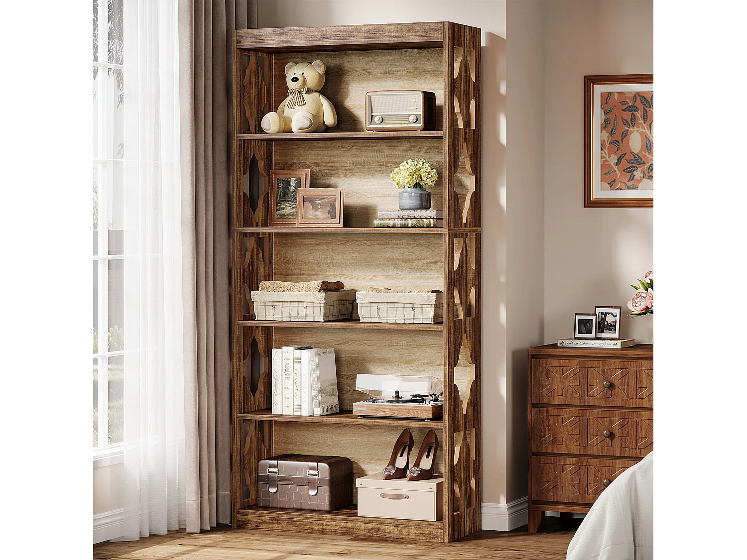 Étagère vintage de 179 cm, étagère haute à 5 niveaux, bibliothèque verticale ajourée, étagère de rangement autoportante