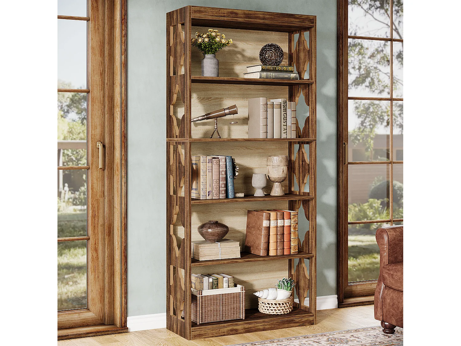 Étagère vintage de 179 cm, étagère haute à 5 niveaux, bibliothèque verticale ajourée, étagère de rangement autoportante