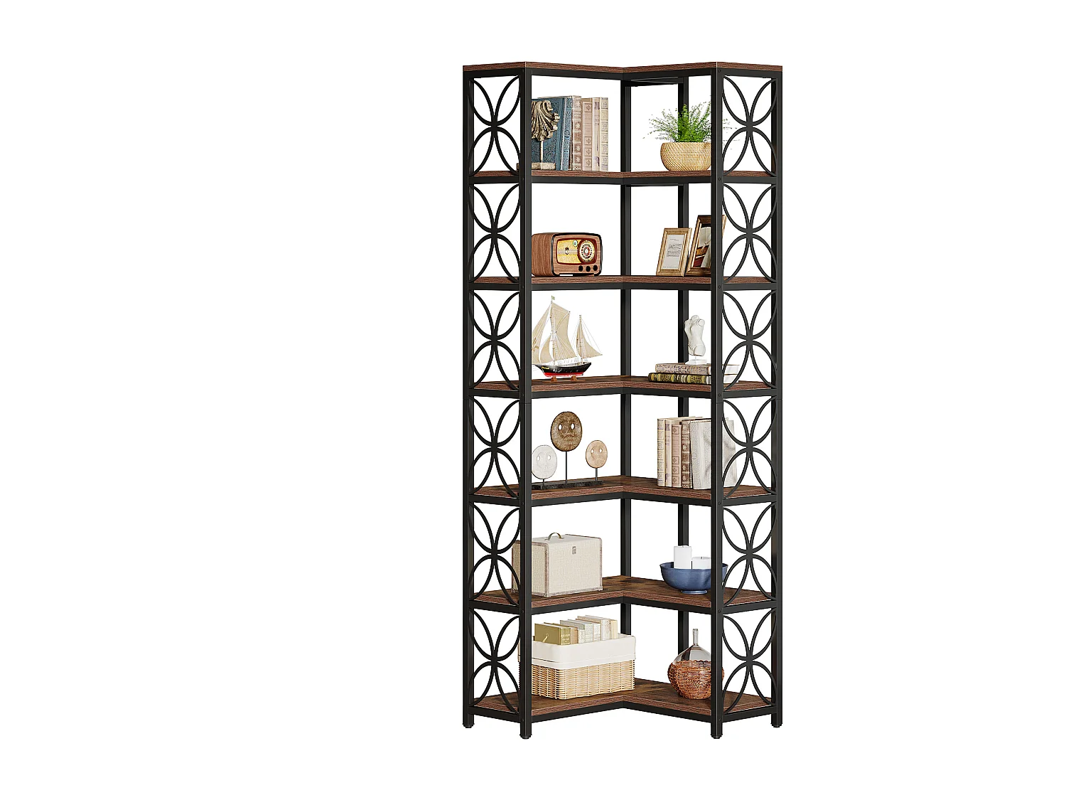 Regał na książki o wysokości 200 cm, 7-poziomowy regał narożny w kształcie litery L z metalową ramą, wolnostojąca półka narożna