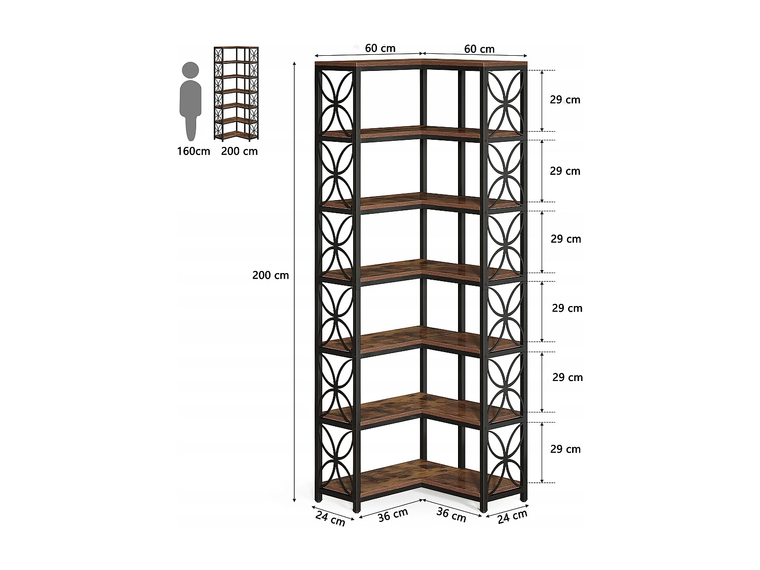 Regał na książki o wysokości 200 cm, 7-poziomowy regał narożny w kształcie litery L z metalową ramą, wolnostojąca półka narożna
