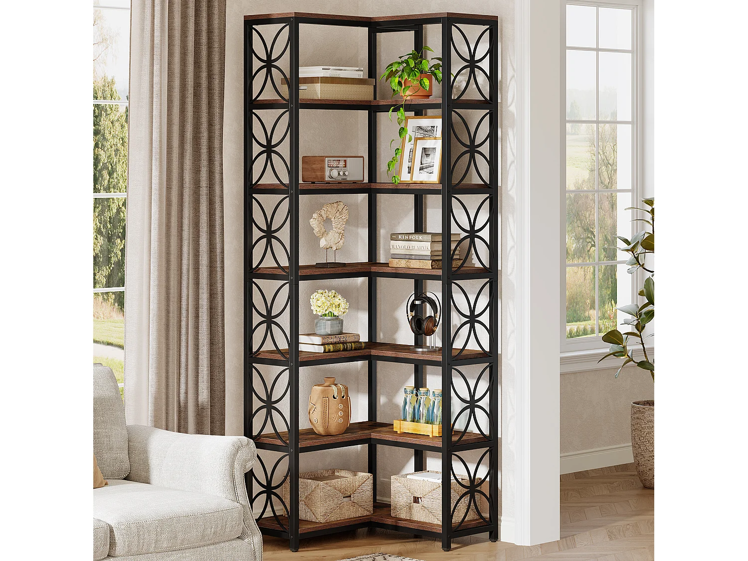 Regał na książki o wysokości 200 cm, 7-poziomowy regał narożny w kształcie litery L z metalową ramą, wolnostojąca półka narożna