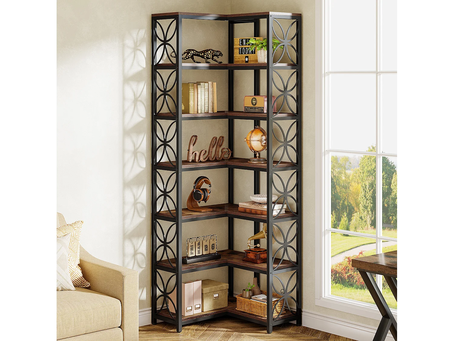 Regał na książki o wysokości 200 cm, 7-poziomowy regał narożny w kształcie litery L z metalową ramą, wolnostojąca półka narożna