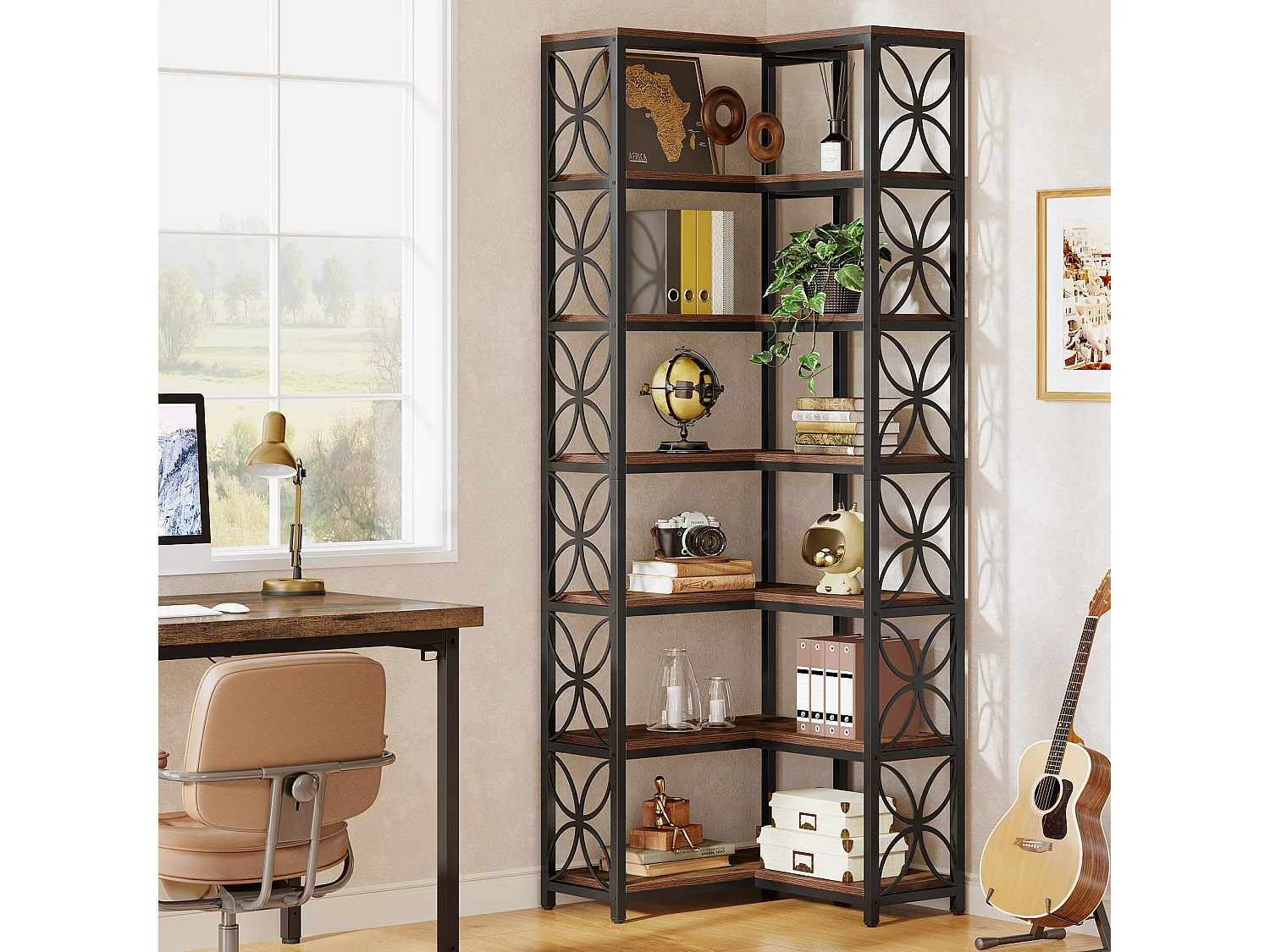 Regał na książki o wysokości 200 cm, 7-poziomowy regał narożny w kształcie litery L z metalową ramą, wolnostojąca półka narożna