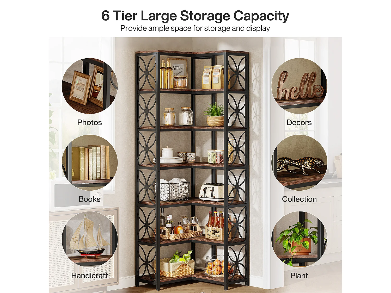 Regał na książki o wysokości 200 cm, 7-poziomowy regał narożny w kształcie litery L z metalową ramą, wolnostojąca półka narożna