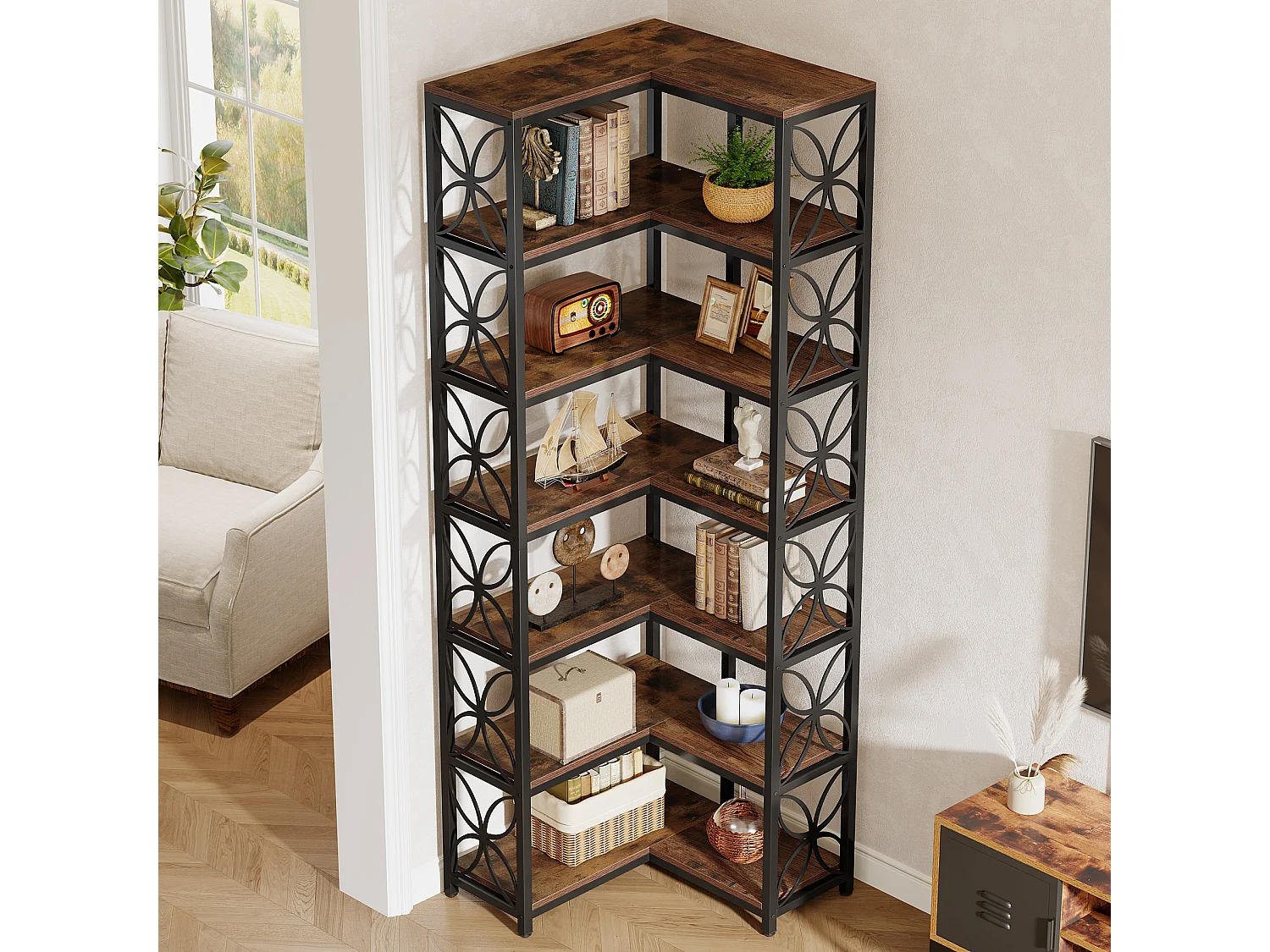 Regał na książki o wysokości 200 cm, 7-poziomowy regał narożny w kształcie litery L z metalową ramą, wolnostojąca półka narożna