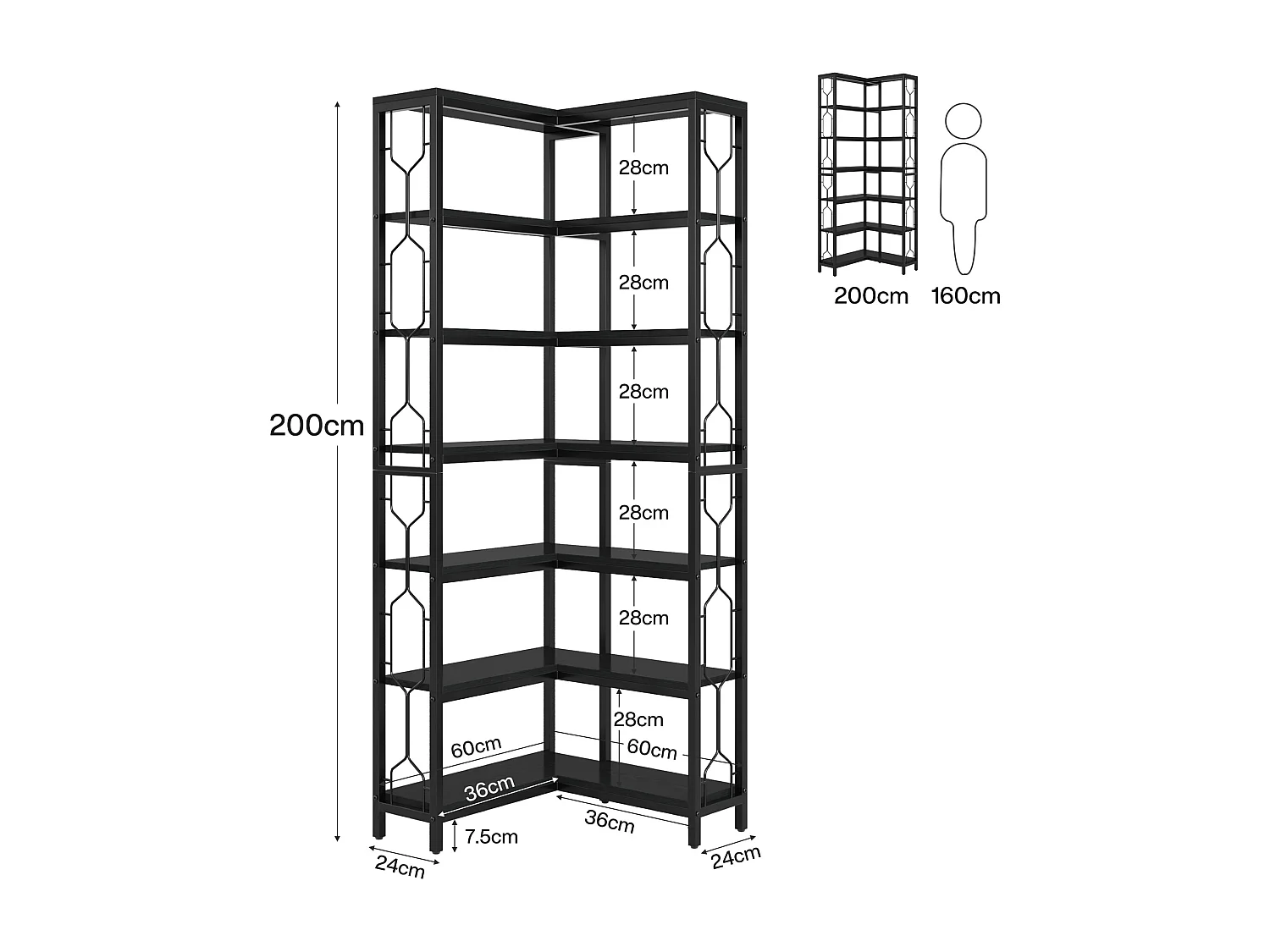Mensola angolare, libreria angolare industriale a 7 ripiani, libreria angolare in legno e metallo, mensola espositiva indipendente