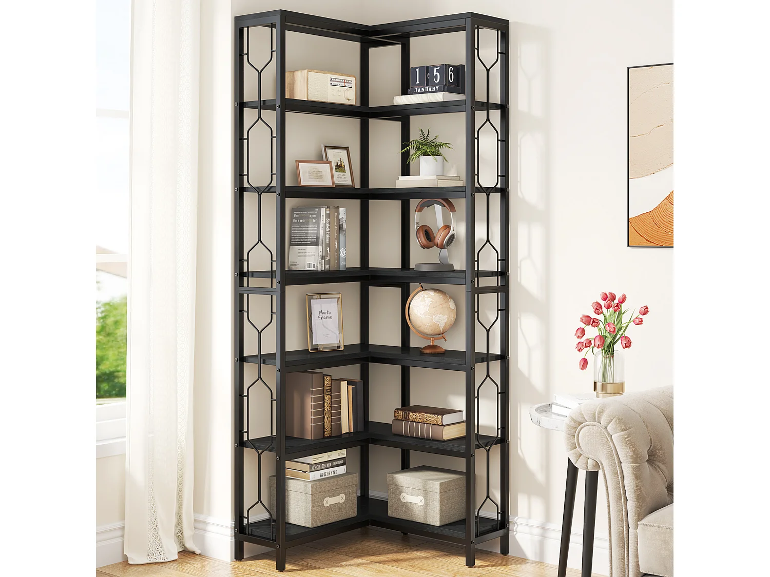 Mensola angolare, libreria angolare industriale a 7 ripiani, libreria angolare in legno e metallo, mensola espositiva indipendente