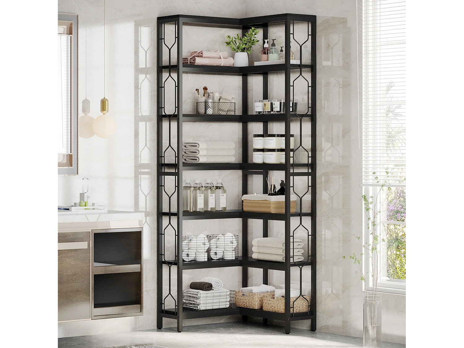 Mensola angolare, libreria angolare industriale a 7 ripiani, libreria angolare in legno e metallo, mensola espositiva indipendente