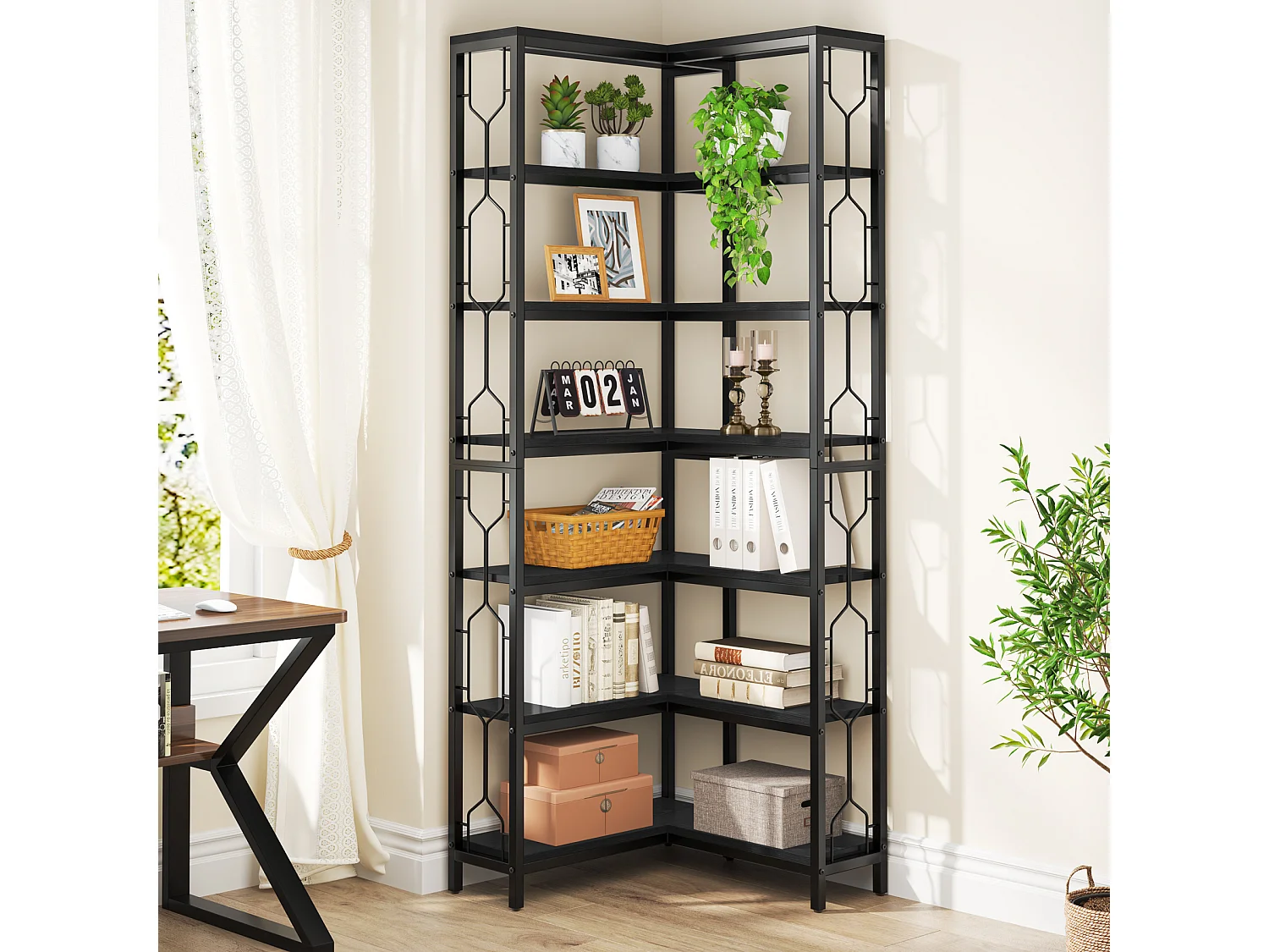 Mensola angolare, libreria angolare industriale a 7 ripiani, libreria angolare in legno e metallo, mensola espositiva indipendente