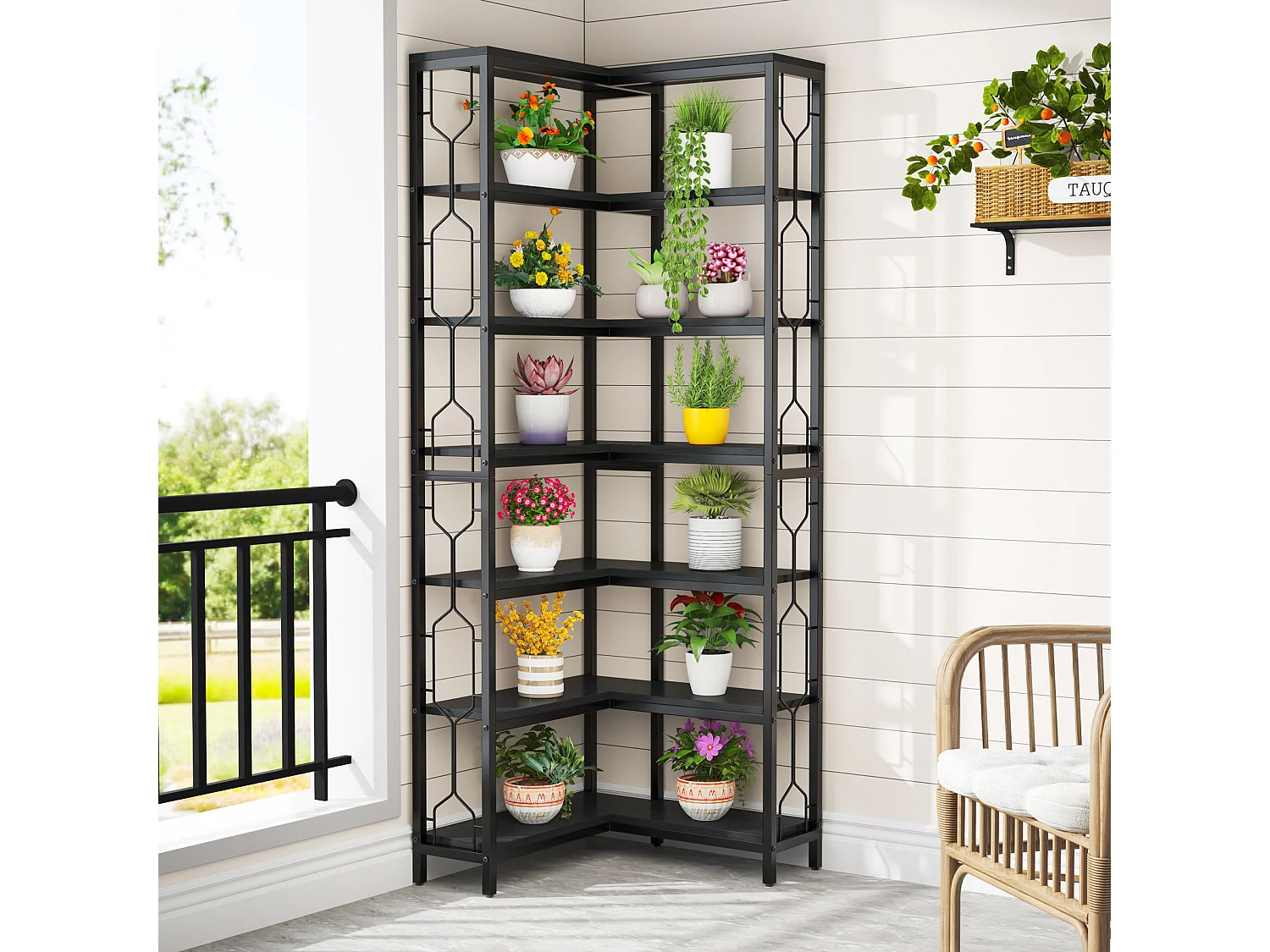 Mensola angolare, libreria angolare industriale a 7 ripiani, libreria angolare in legno e metallo, mensola espositiva indipendente