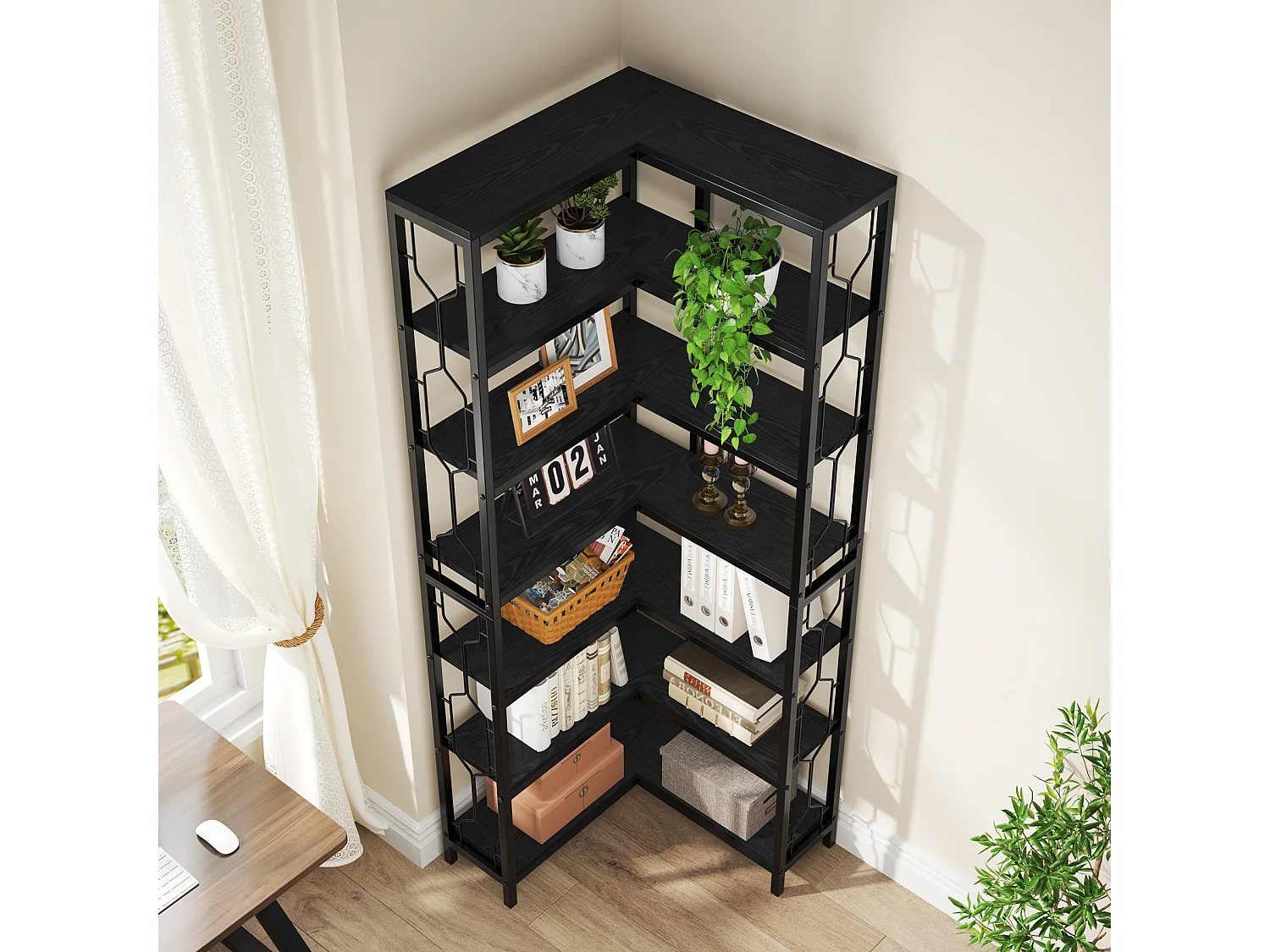 Mensola angolare, libreria angolare industriale a 7 ripiani, libreria angolare in legno e metallo, mensola espositiva indipendente