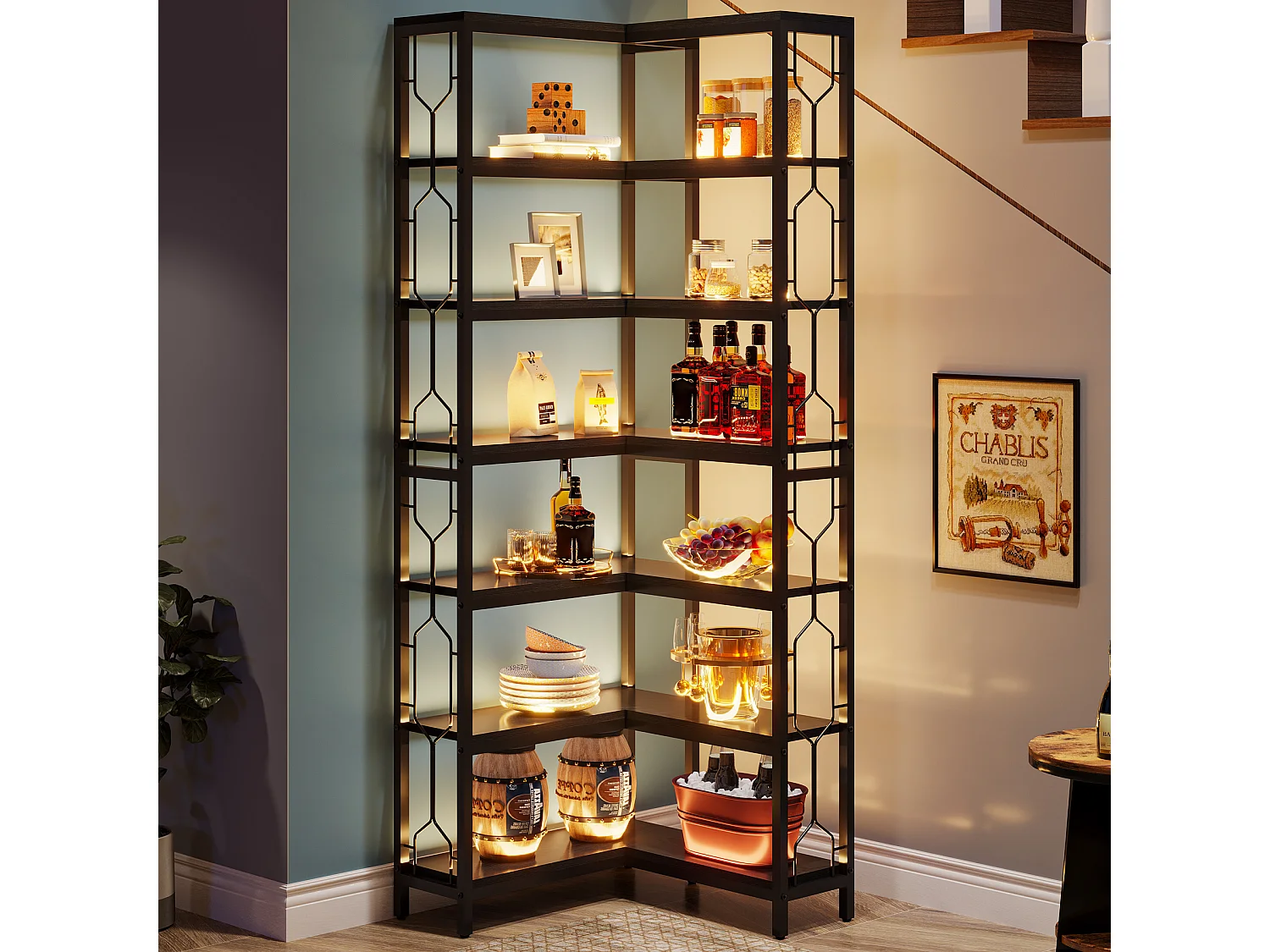 Mensola angolare, libreria angolare industriale a 7 ripiani, libreria angolare in legno e metallo, mensola espositiva indipendente