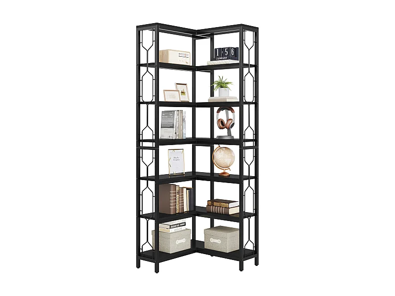 Mensola angolare, libreria angolare industriale a 7 ripiani, libreria angolare in legno e metallo, mensola espositiva indipendente