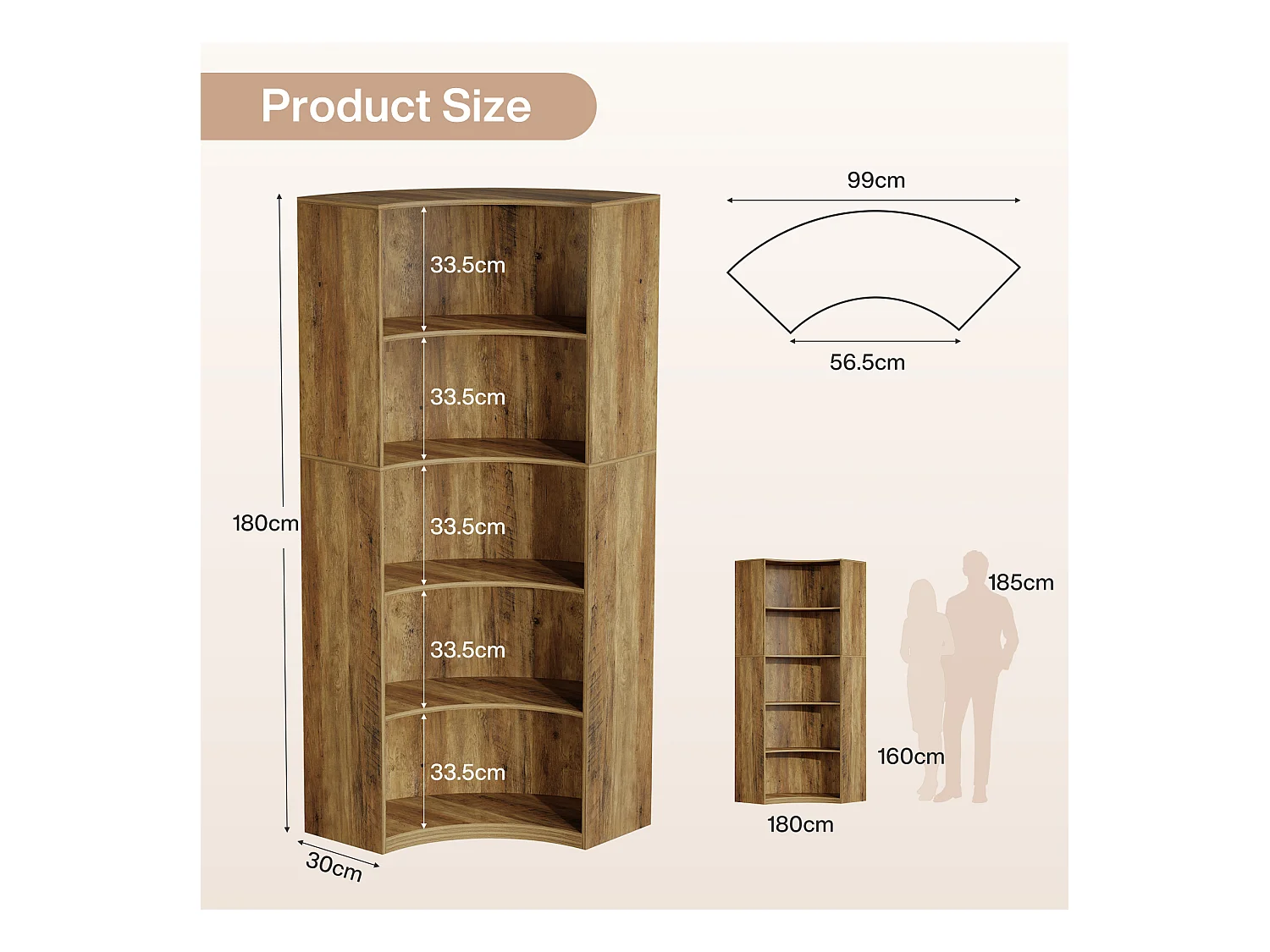 6-Etagen-Eckregal, 180 cm hohes Eckregal mit abgerundeten Kanten, Landhaus-Eckregal für Wohnzimmer, Schlafzimmer, Küche
