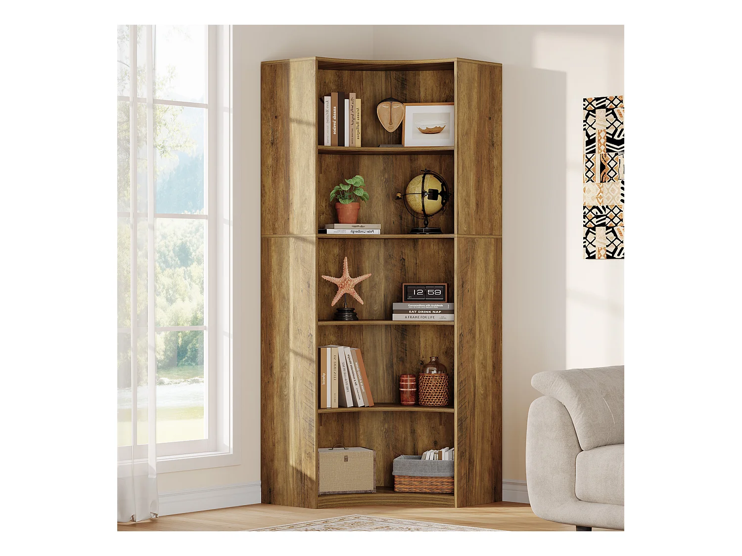 6-Etagen-Eckregal, 180 cm hohes Eckregal mit abgerundeten Kanten, Landhaus-Eckregal für Wohnzimmer, Schlafzimmer, Küche