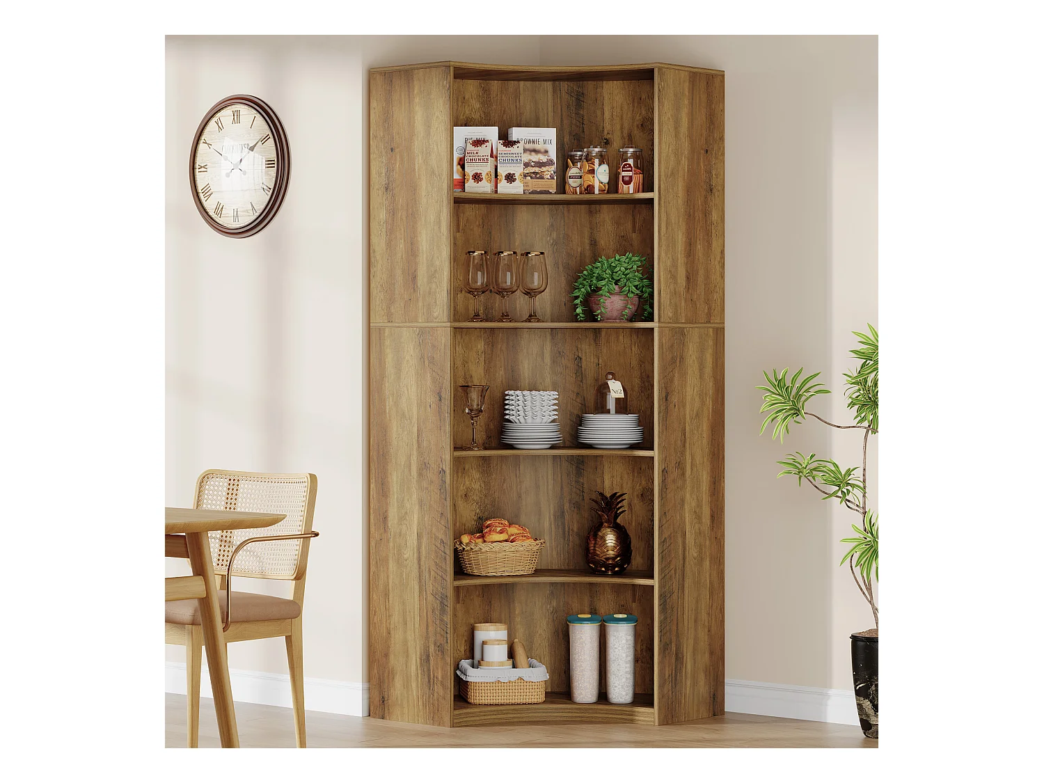 6-Etagen-Eckregal, 180 cm hohes Eckregal mit abgerundeten Kanten, Landhaus-Eckregal für Wohnzimmer, Schlafzimmer, Küche