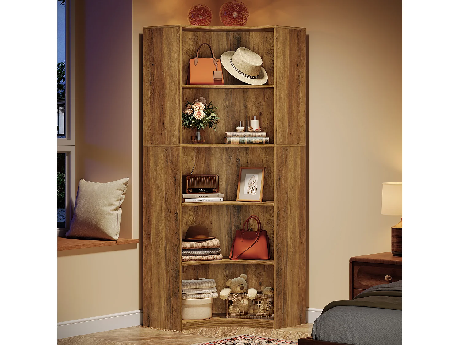 6-Etagen-Eckregal, 180 cm hohes Eckregal mit abgerundeten Kanten, Landhaus-Eckregal für Wohnzimmer, Schlafzimmer, Küche