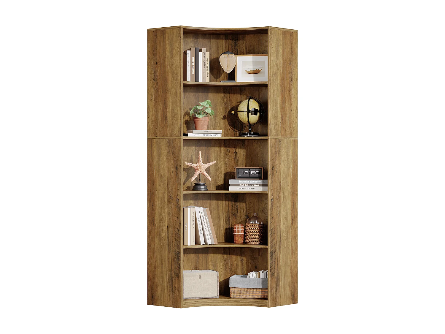 Étagère d'angle à 6 niveaux, étagère d'angle de 180 cm de haut avec bords arrondis, meuble de rangement d'angle de style campagnard