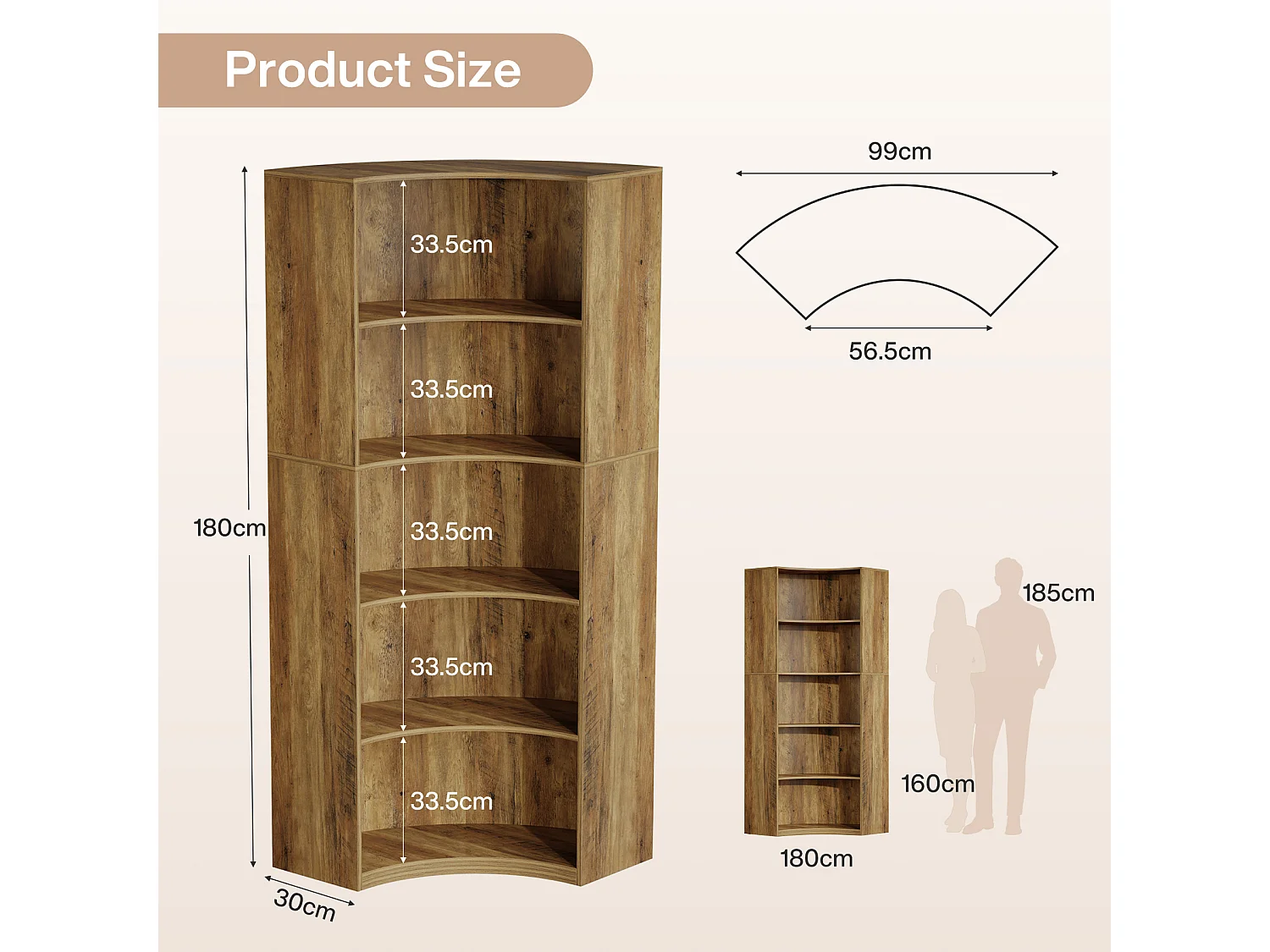 Étagère d'angle à 6 niveaux, étagère d'angle de 180 cm de haut avec bords arrondis, meuble de rangement d'angle de style campagnard