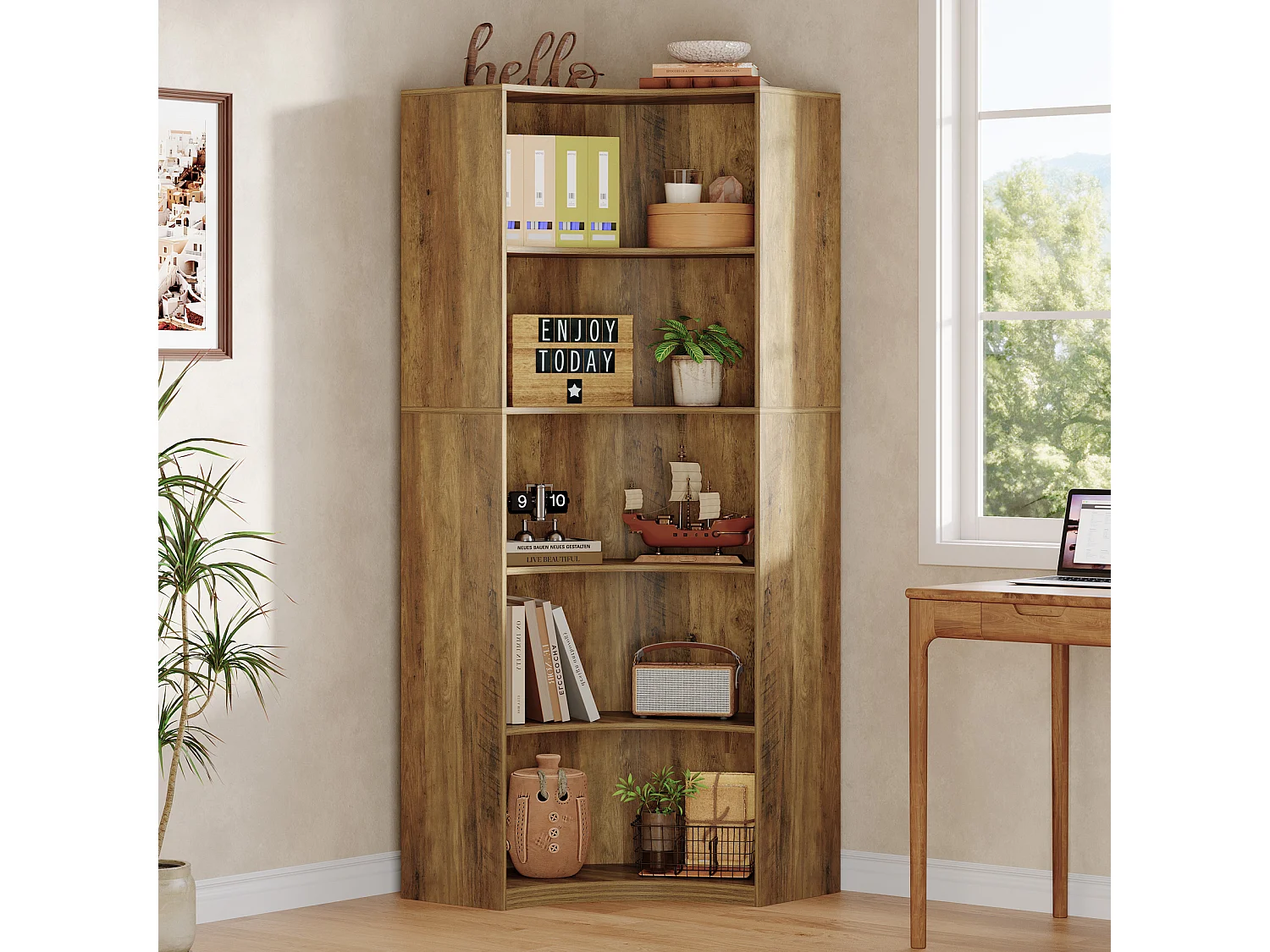 Étagère d'angle à 6 niveaux, étagère d'angle de 180 cm de haut avec bords arrondis, meuble de rangement d'angle de style campagnard