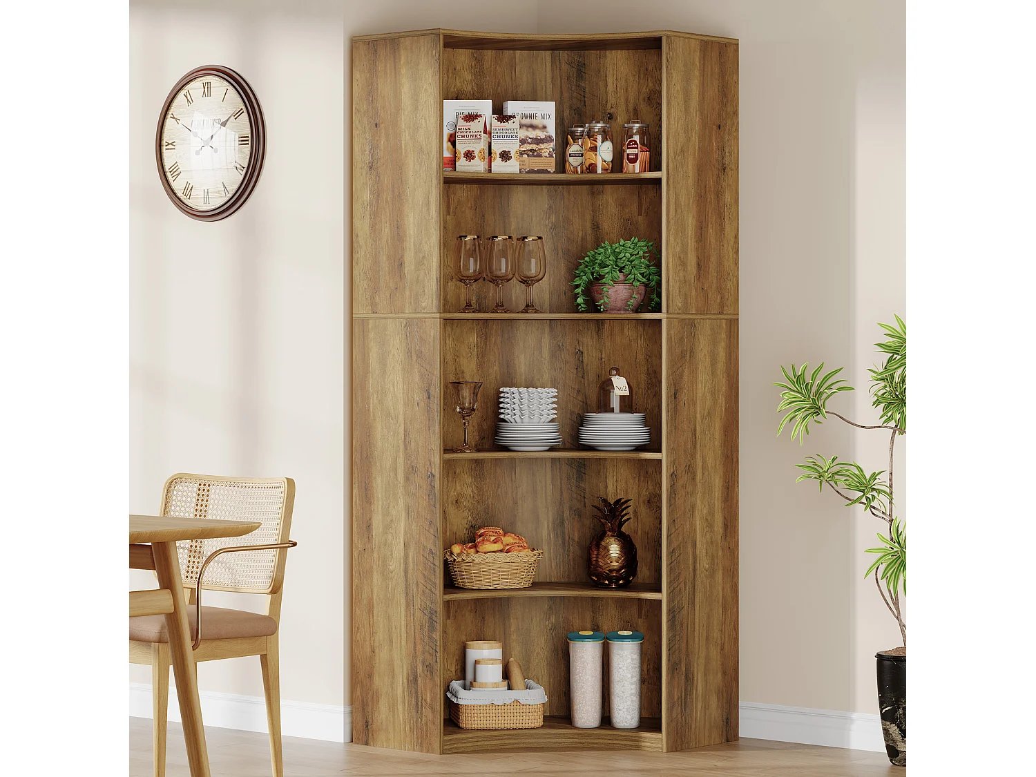 Étagère d'angle à 6 niveaux, étagère d'angle de 180 cm de haut avec bords arrondis, meuble de rangement d'angle de style campagnard