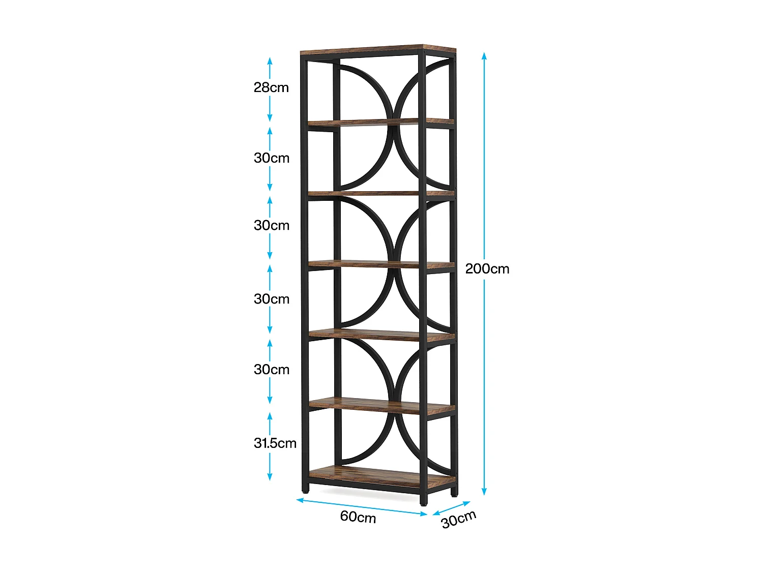 Regał na książki 6-poziomowy, industrialny, wysoki regał na książki z półkami do przechowywania, 200 cm wys., wąski regał ekspozycyjny