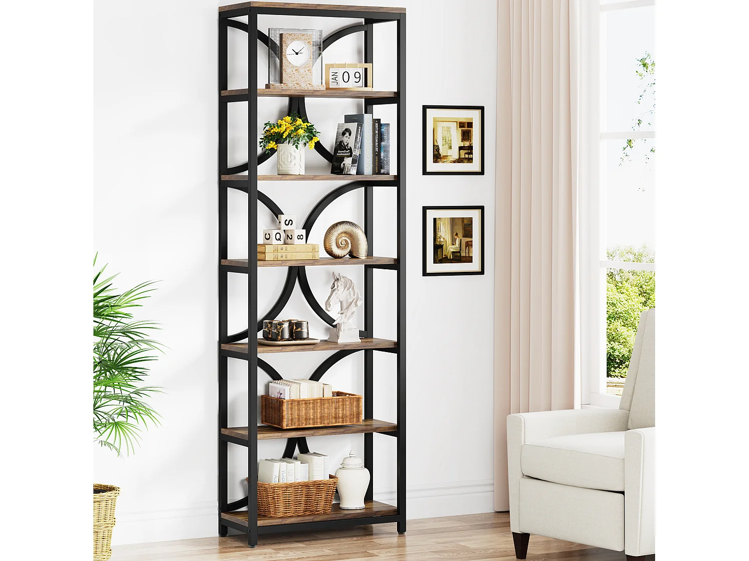 Regał na książki 6-poziomowy, industrialny, wysoki regał na książki z półkami do przechowywania, 200 cm wys., wąski regał ekspozycyjny