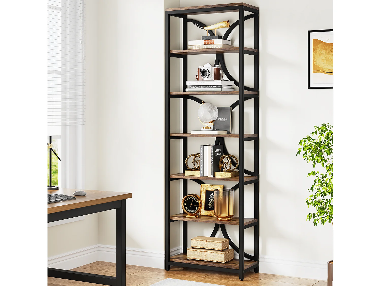 Regał na książki 6-poziomowy, industrialny, wysoki regał na książki z półkami do przechowywania, 200 cm wys., wąski regał ekspozycyjny
