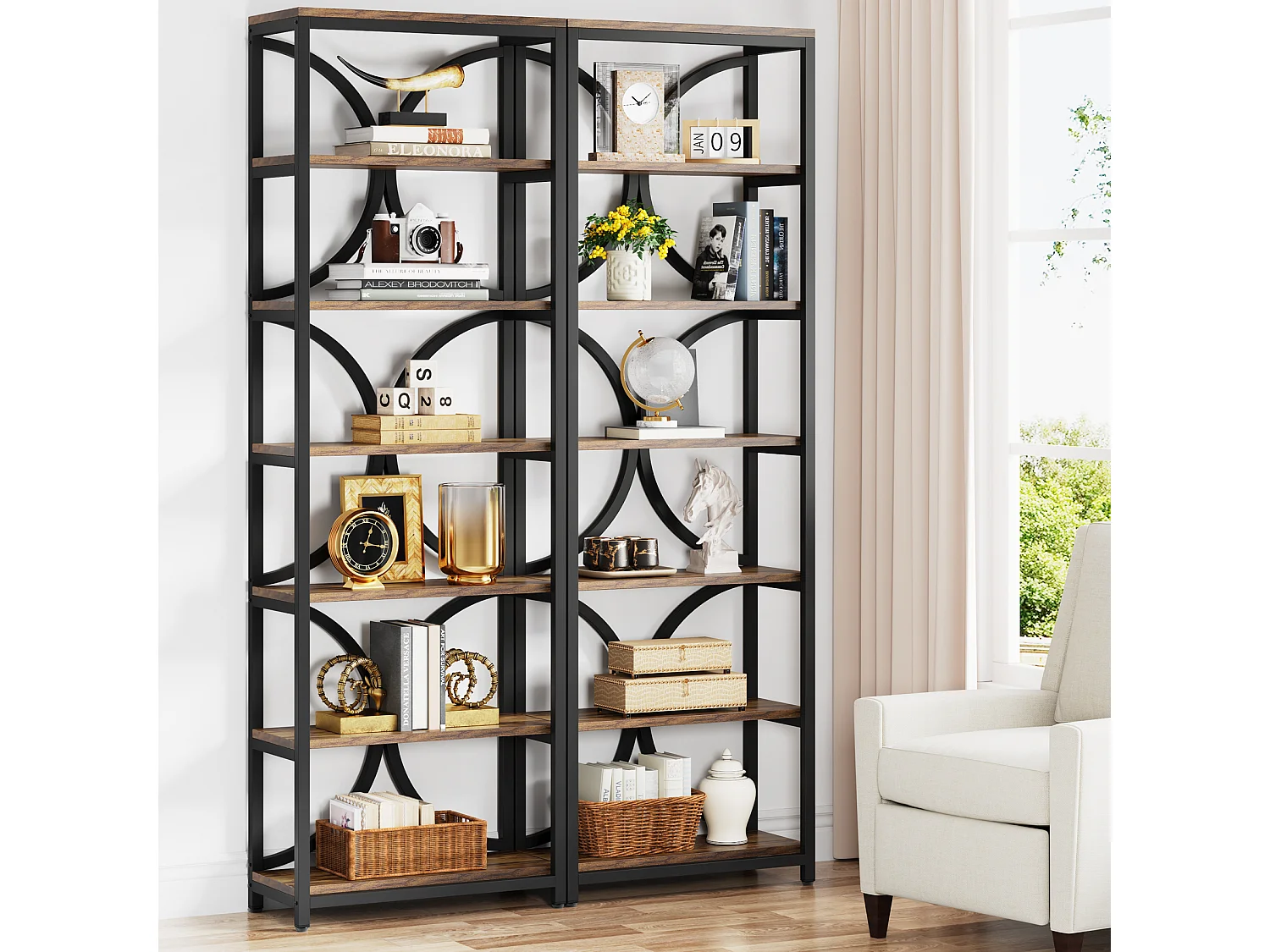 Regał na książki 6-poziomowy, industrialny, wysoki regał na książki z półkami do przechowywania, 200 cm wys., wąski regał ekspozycyjny