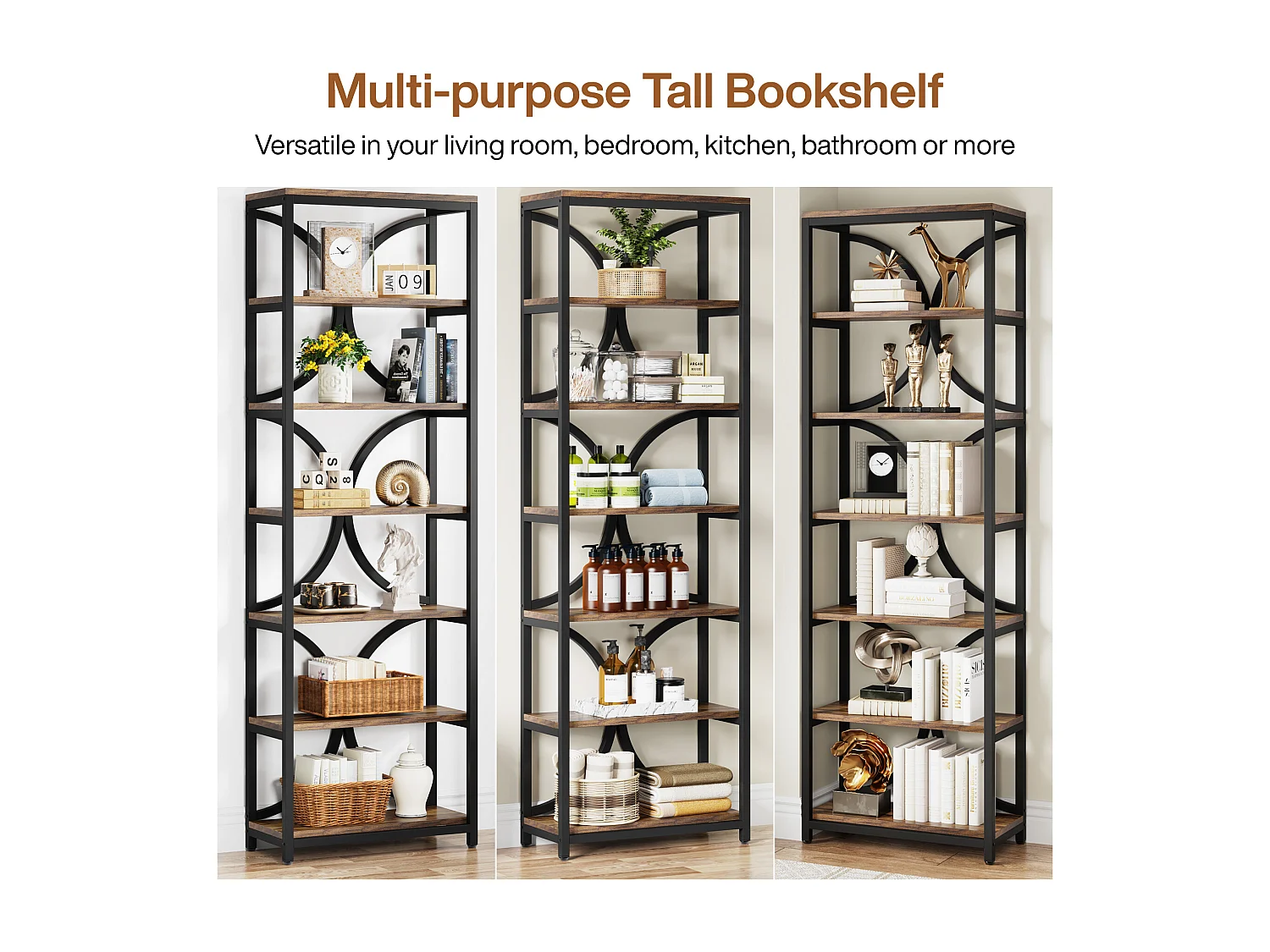 Regał na książki 6-poziomowy, industrialny, wysoki regał na książki z półkami do przechowywania, 200 cm wys., wąski regał ekspozycyjny