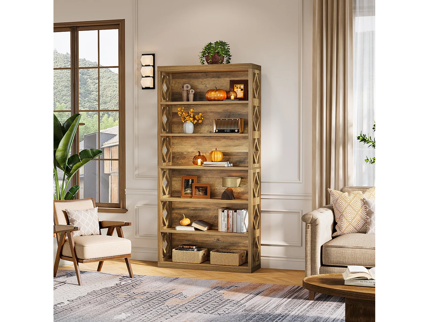 Bibliothèque de 190 cm de haut, étagère industrielle à 7 niveaux avec rangement, étagères de rangement ouvertes sur pied