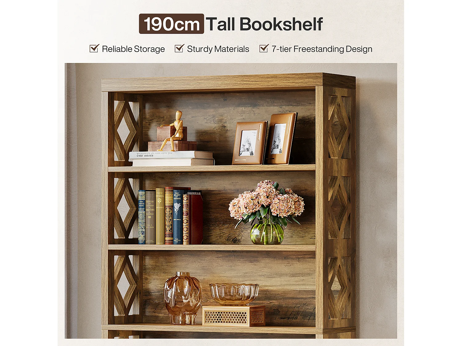 Bibliothèque de 190 cm de haut, étagère industrielle à 7 niveaux avec rangement, étagères de rangement ouvertes sur pied