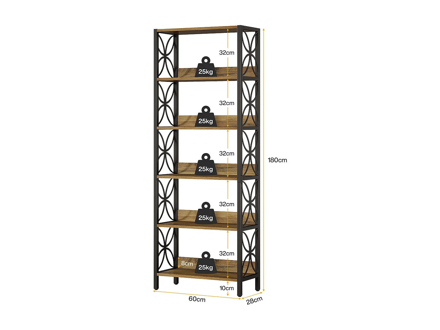 Wysoka półka na książki, 6-poziomowa, 180 cm, industrialna półka na książki z metalową ramą, półka ekspozycyjna do domowego biura, regał na książki do sypialni