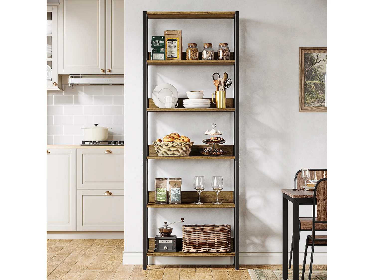 Wysoka półka na książki, 6-poziomowa, 180 cm, industrialna półka na książki z metalową ramą, półka ekspozycyjna do domowego biura, regał na książki do sypialni