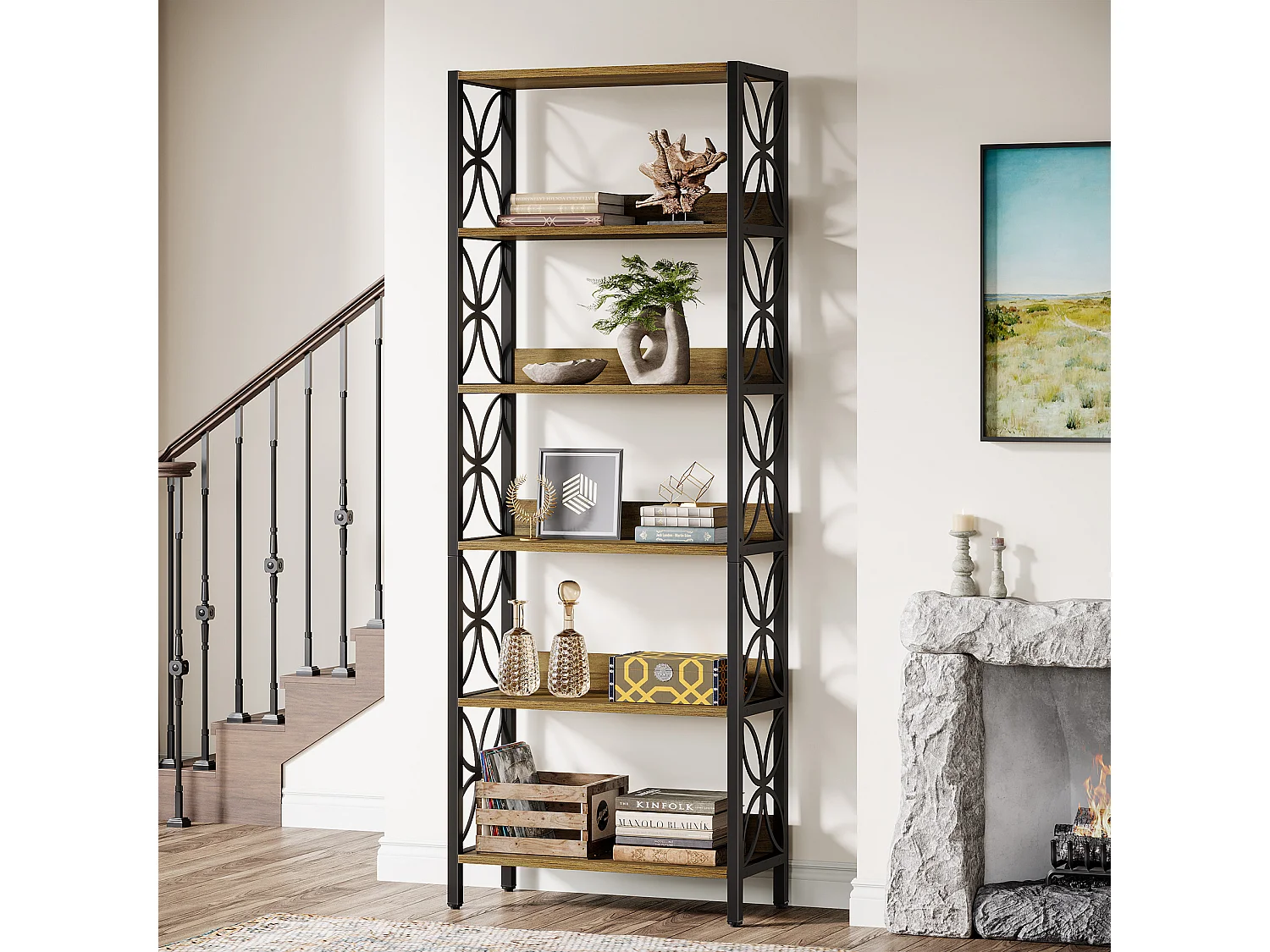 Wysoka półka na książki, 6-poziomowa, 180 cm, industrialna półka na książki z metalową ramą, półka ekspozycyjna do domowego biura, regał na książki do sypialni