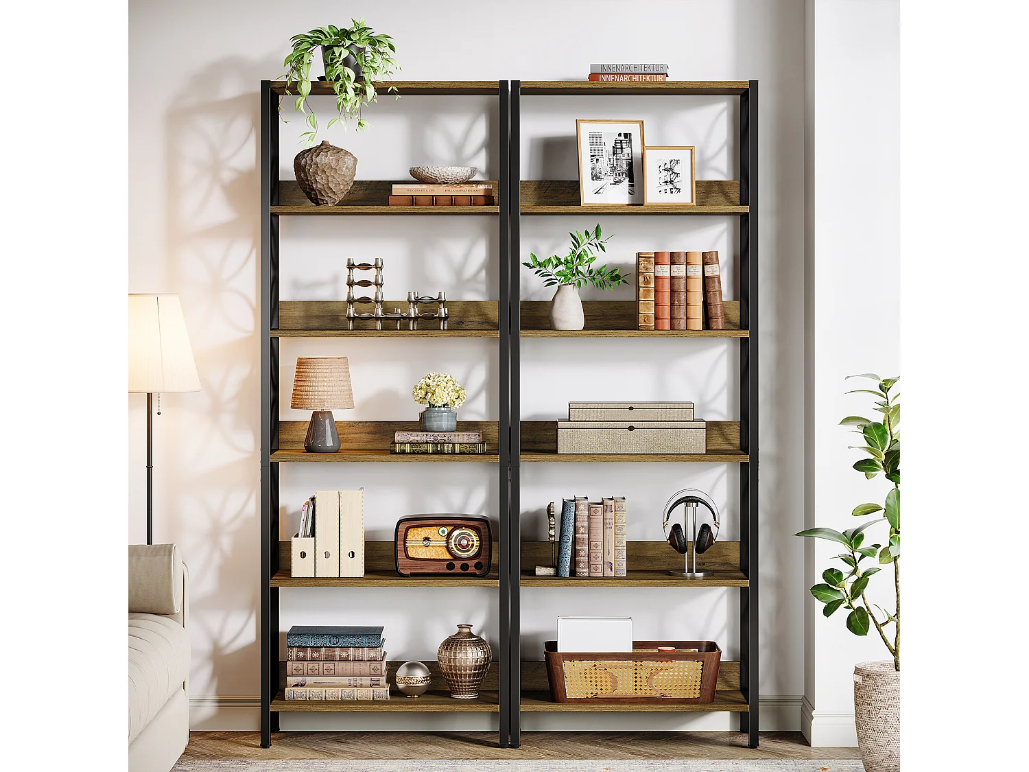 Wysoka półka na książki, 6-poziomowa, 180 cm, industrialna półka na książki z metalową ramą, półka ekspozycyjna do domowego biura, regał na książki do sypialni
