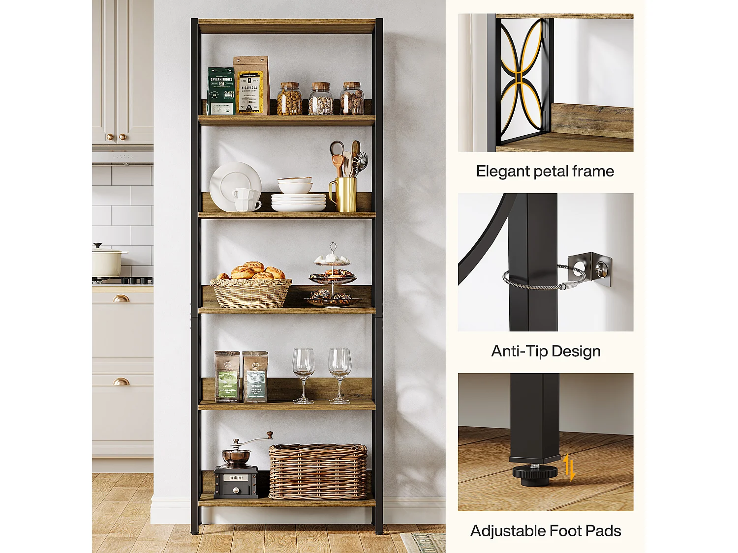 Wysoka półka na książki, 6-poziomowa, 180 cm, industrialna półka na książki z metalową ramą, półka ekspozycyjna do domowego biura, regał na książki do sypialni