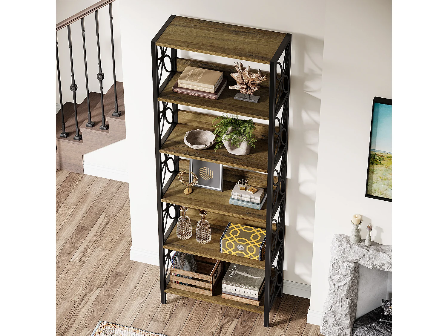 Wysoka półka na książki, 6-poziomowa, 180 cm, industrialna półka na książki z metalową ramą, półka ekspozycyjna do domowego biura, regał na książki do sypialni