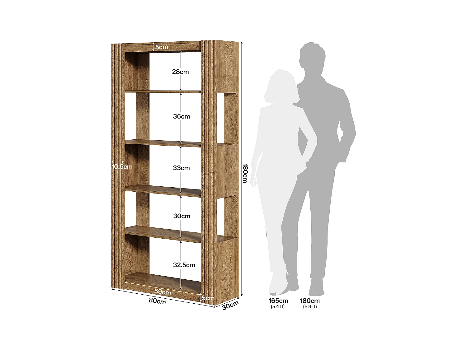 5-Stufiges offenes Bücherregal und Bücherständer, 180 cm hohes Bücherregal, bodengestellte Holz-Ausstellungs- und Ablageschränke