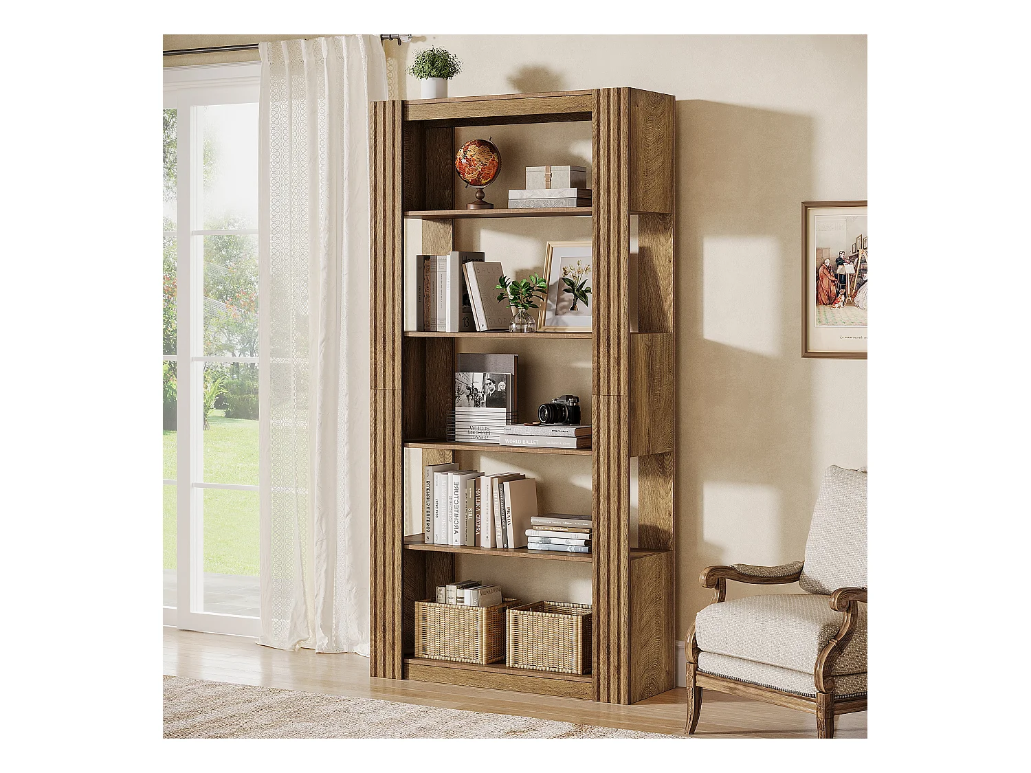 5-Stufiges offenes Bücherregal und Bücherständer, 180 cm hohes Bücherregal, bodengestellte Holz-Ausstellungs- und Ablageschränke