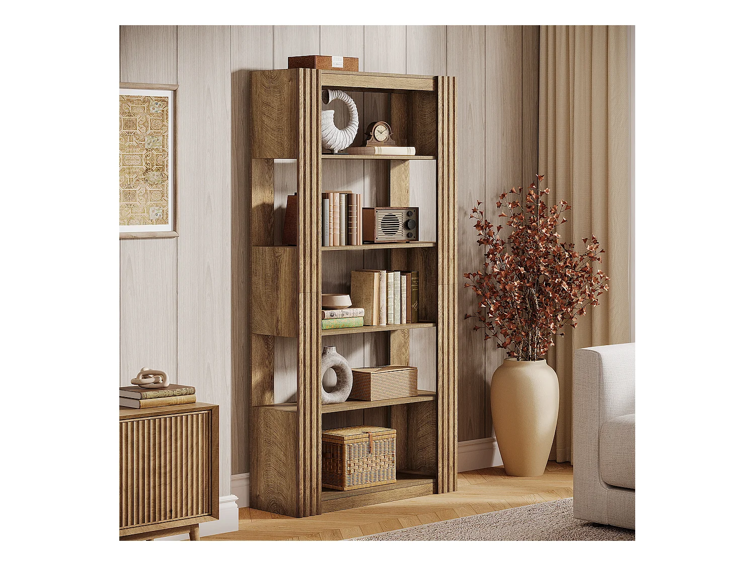 5-Stufiges offenes Bücherregal und Bücherständer, 180 cm hohes Bücherregal, bodengestellte Holz-Ausstellungs- und Ablageschränke