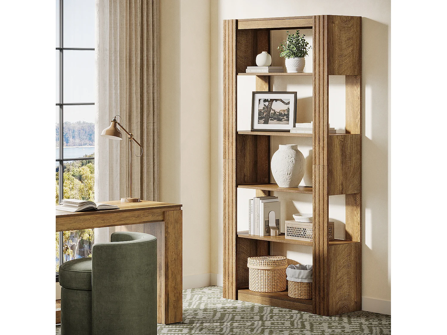 5-Stufiges offenes Bücherregal und Bücherständer, 180 cm hohes Bücherregal, bodengestellte Holz-Ausstellungs- und Ablageschränke