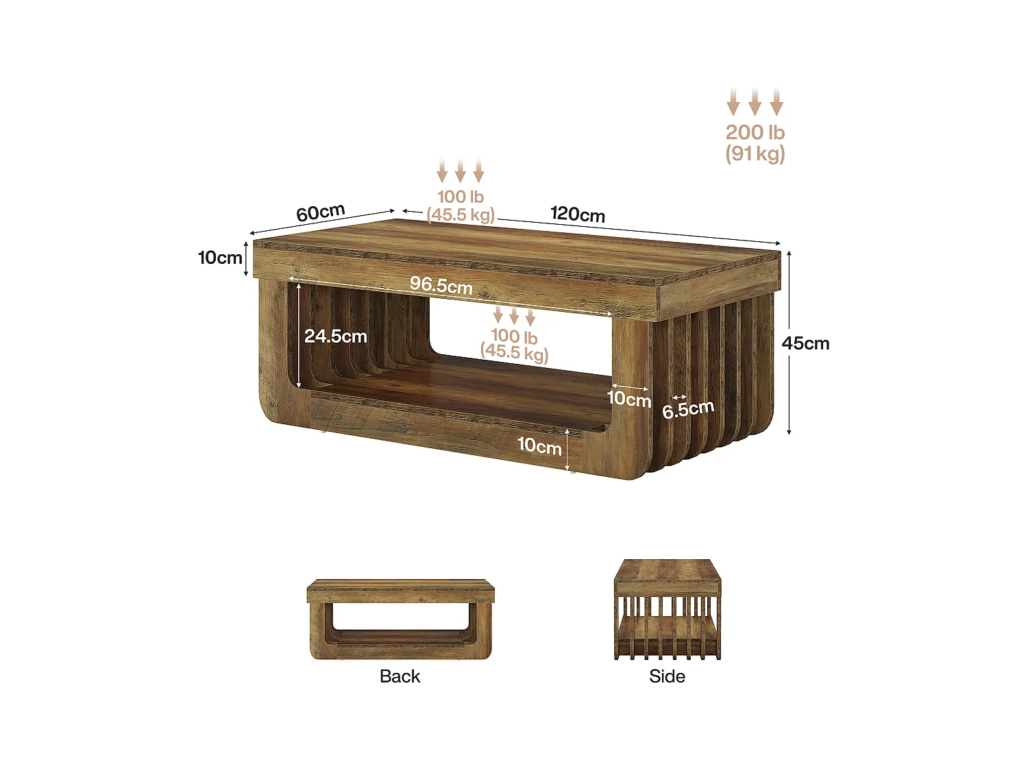 Couchtische für das Wohnzimmer, 120 cm Breit, 2-stufiger rechteckiger Couchtisch mit Ablagefach