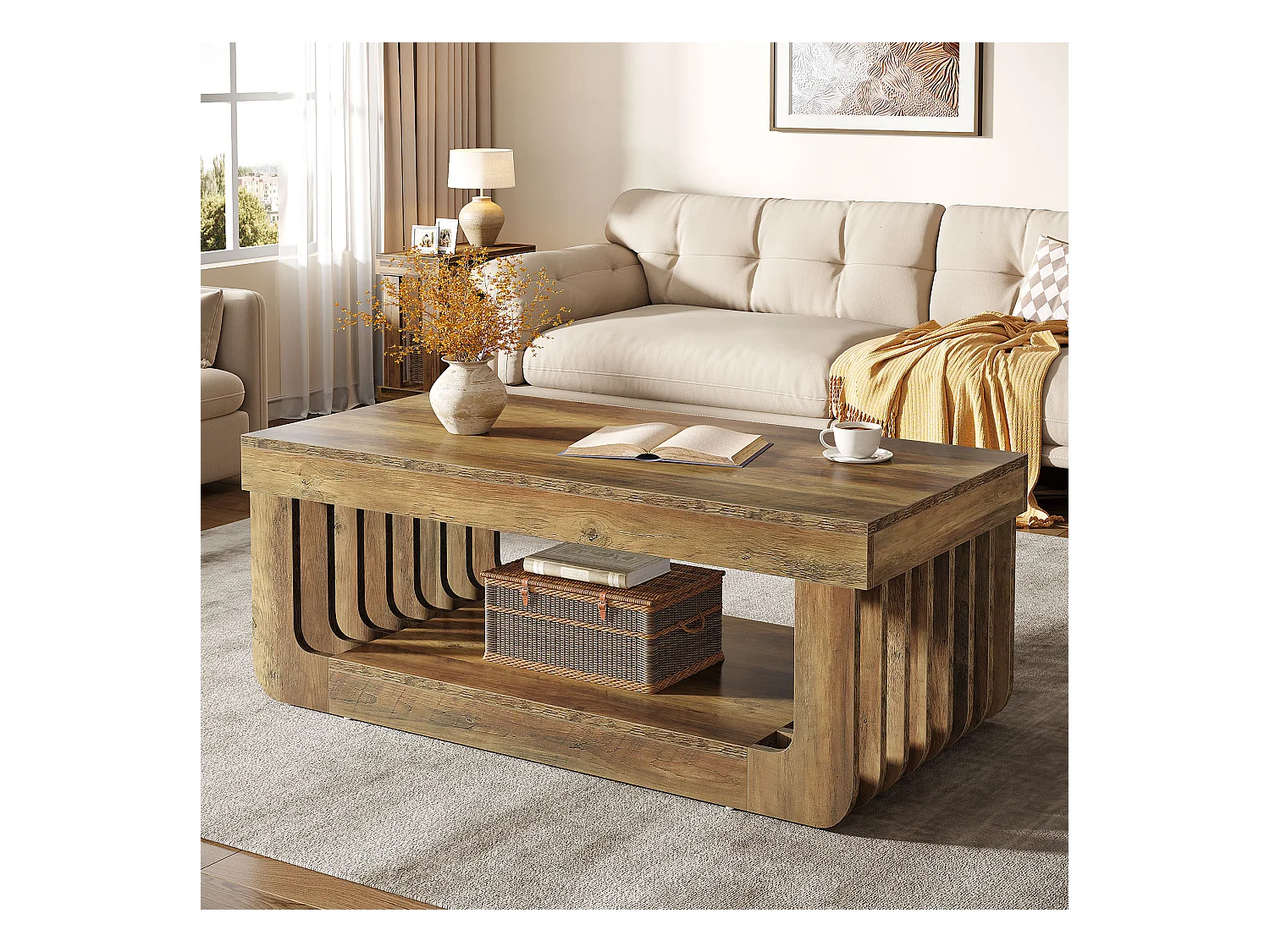 Couchtische für das Wohnzimmer, 120 cm Breit, 2-stufiger rechteckiger Couchtisch mit Ablagefach