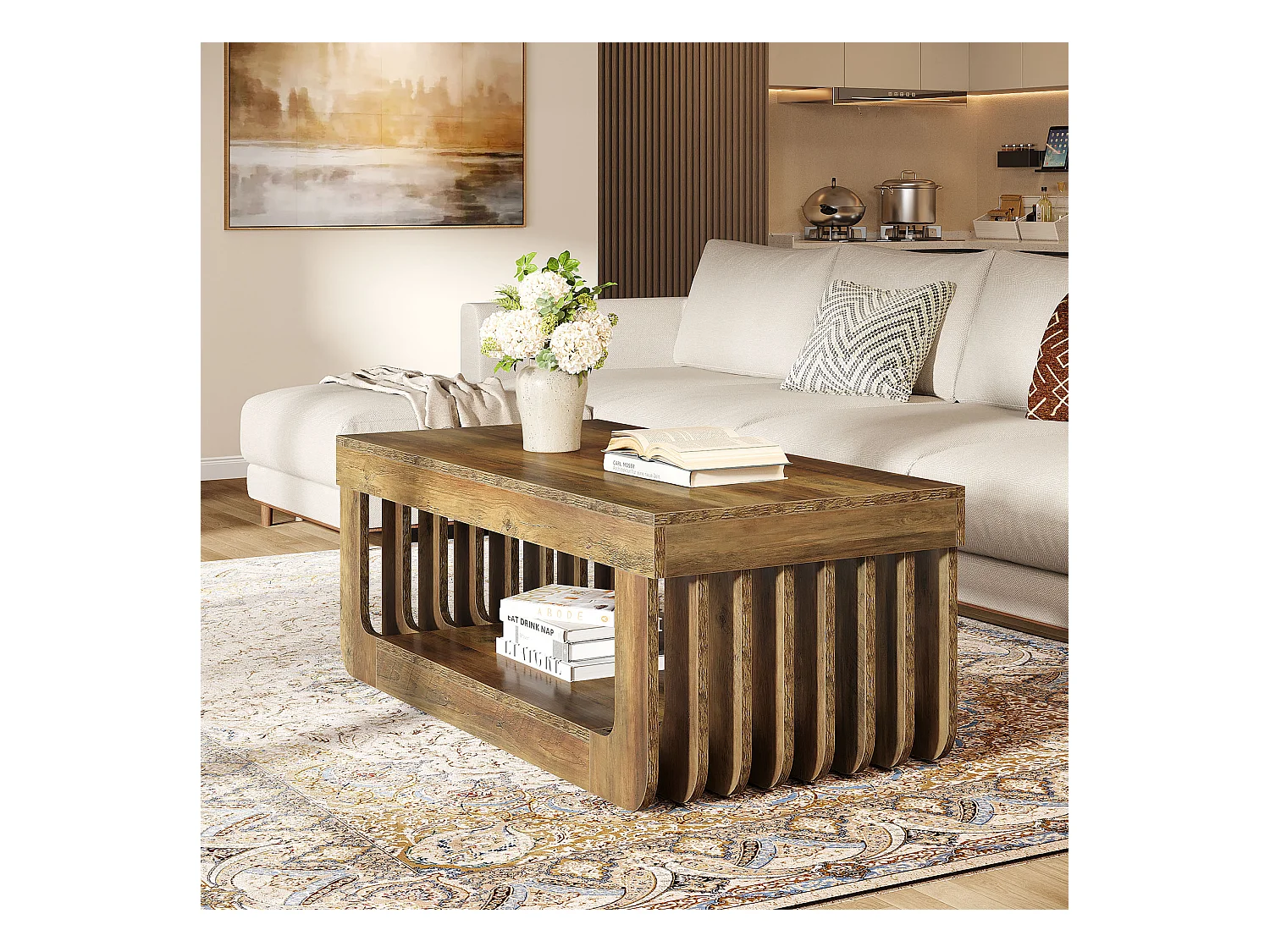 Couchtische für das Wohnzimmer, 120 cm Breit, 2-stufiger rechteckiger Couchtisch mit Ablagefach