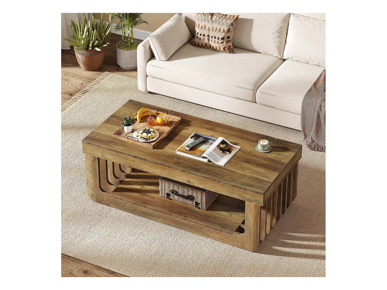 Couchtische für das Wohnzimmer, 120 cm Breit, 2-stufiger rechteckiger Couchtisch mit Ablagefach