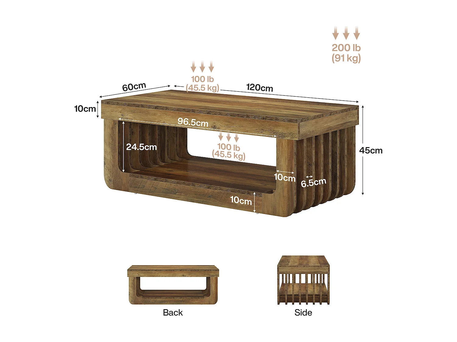 Tables basses de salon, largeur 120 cm, table centrale rectangulaire à 2 niveaux avec étagère de rangement