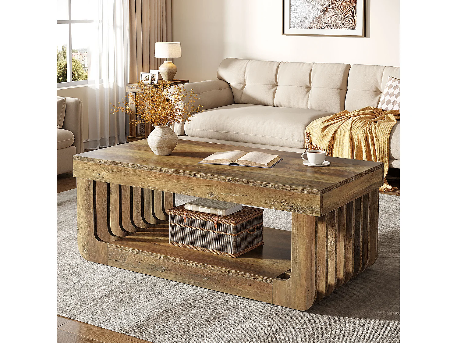 Tables basses de salon, largeur 120 cm, table centrale rectangulaire à 2 niveaux avec étagère de rangement