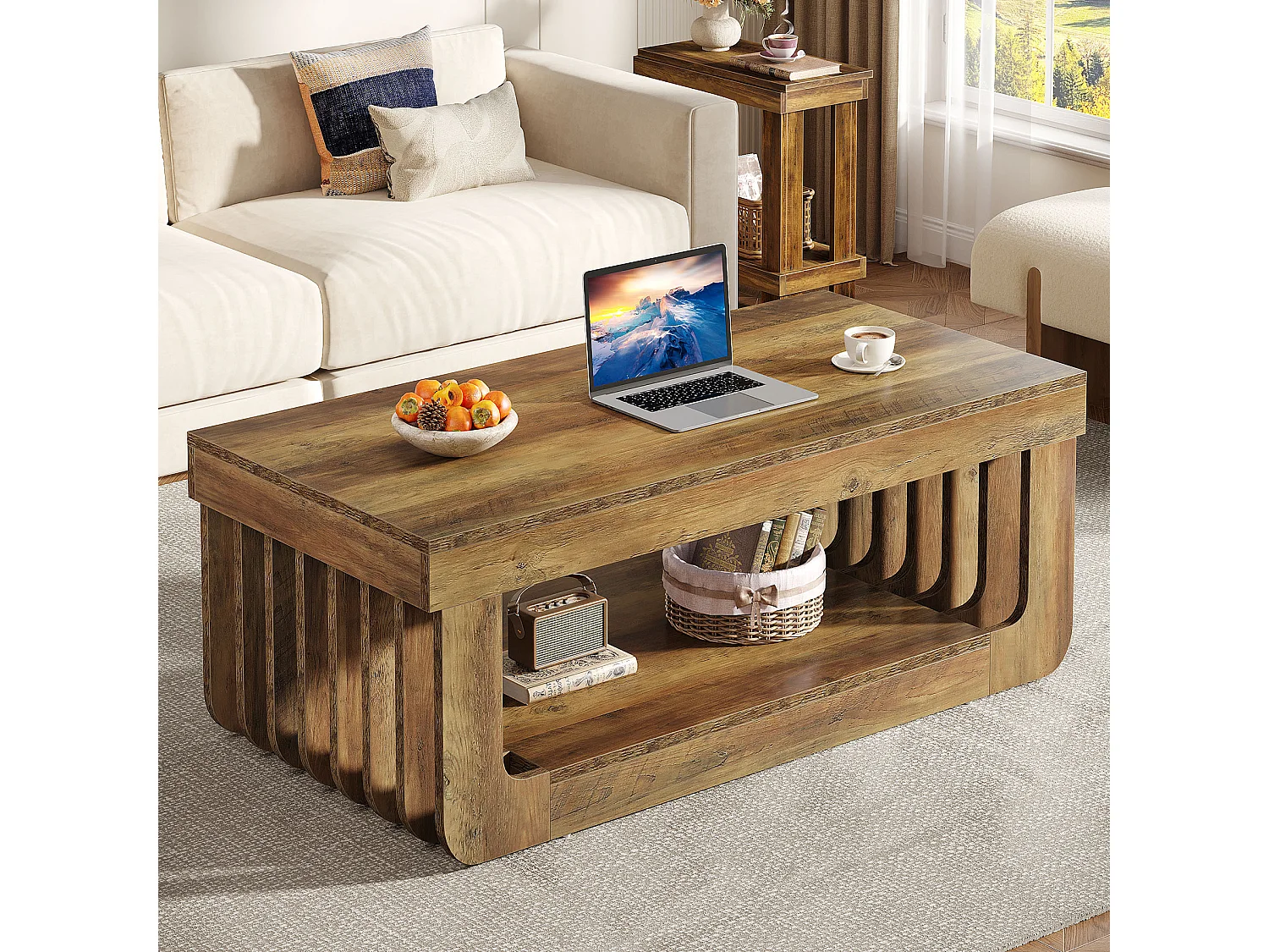 Tables basses de salon, largeur 120 cm, table centrale rectangulaire à 2 niveaux avec étagère de rangement