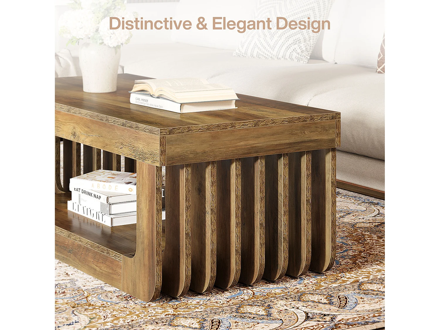 Tables basses de salon, largeur 120 cm, table centrale rectangulaire à 2 niveaux avec étagère de rangement